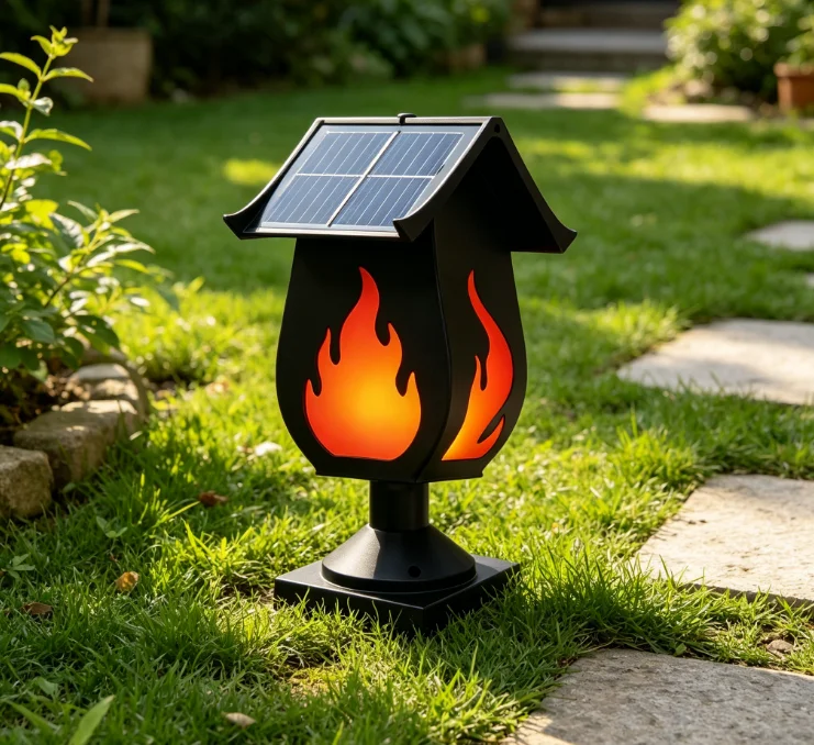 Solar Garden Light - 태양광 충전식 기둥형 조명, 모조 불꽃